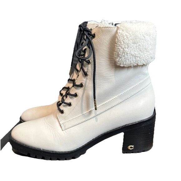 COACH Women’s White Leather Jill Booties Size 8 Block Heel Winter Ankle Boots - Picture 7 of 13